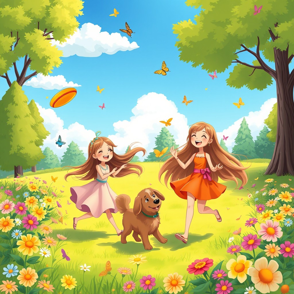 A whimsical scene featuring a sunny park filled with colorful flowers and butterflies