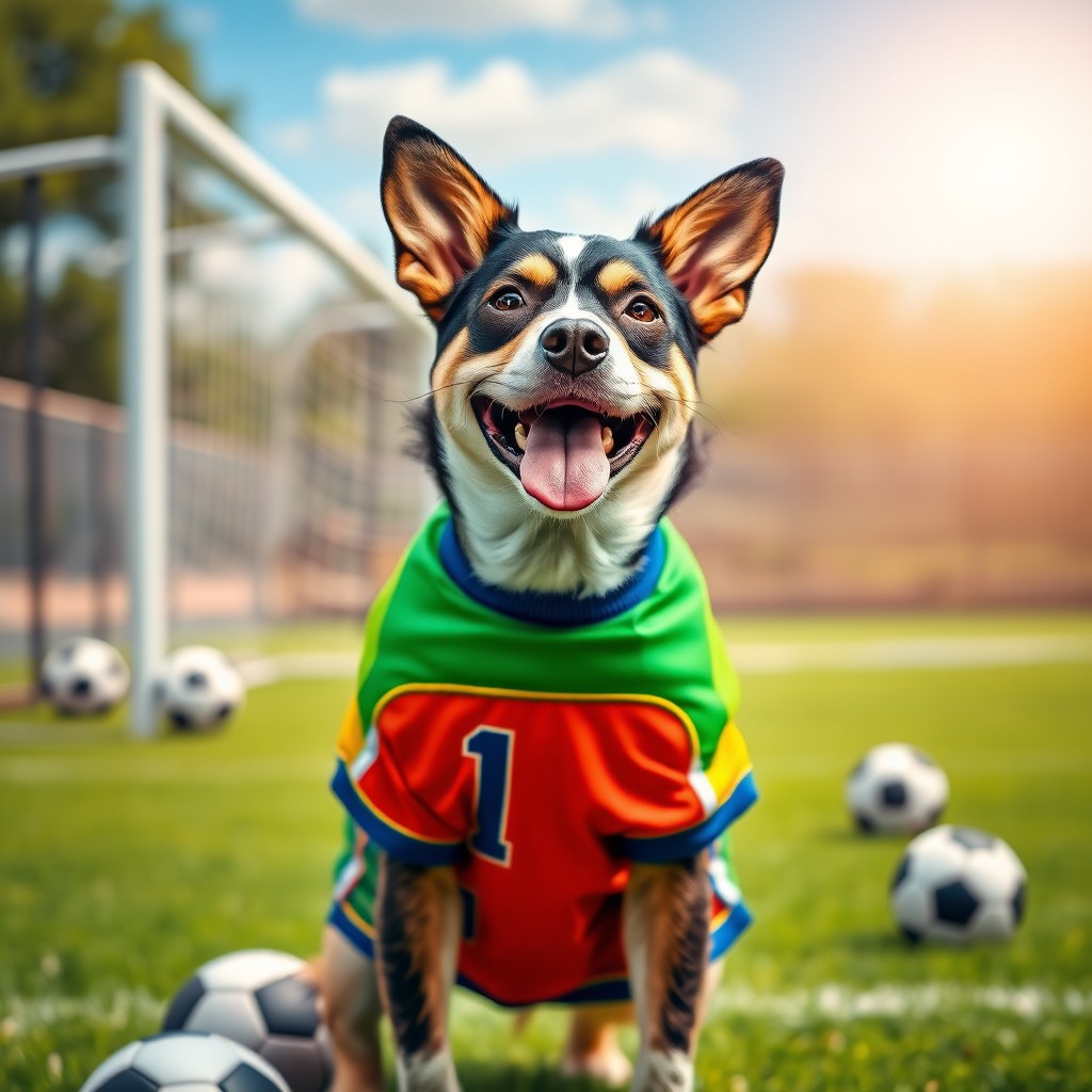 A vibrant and playful portrait of a dog dressed in a colorful soccer uniform, complete with a jersey and shorts featuring a personalized number