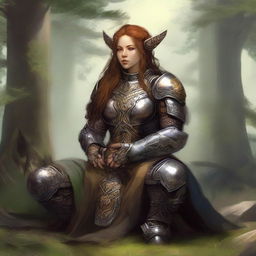 dwarven female kineticist meditates wearing her heavy armor while manipulating nature's energy arrounds her