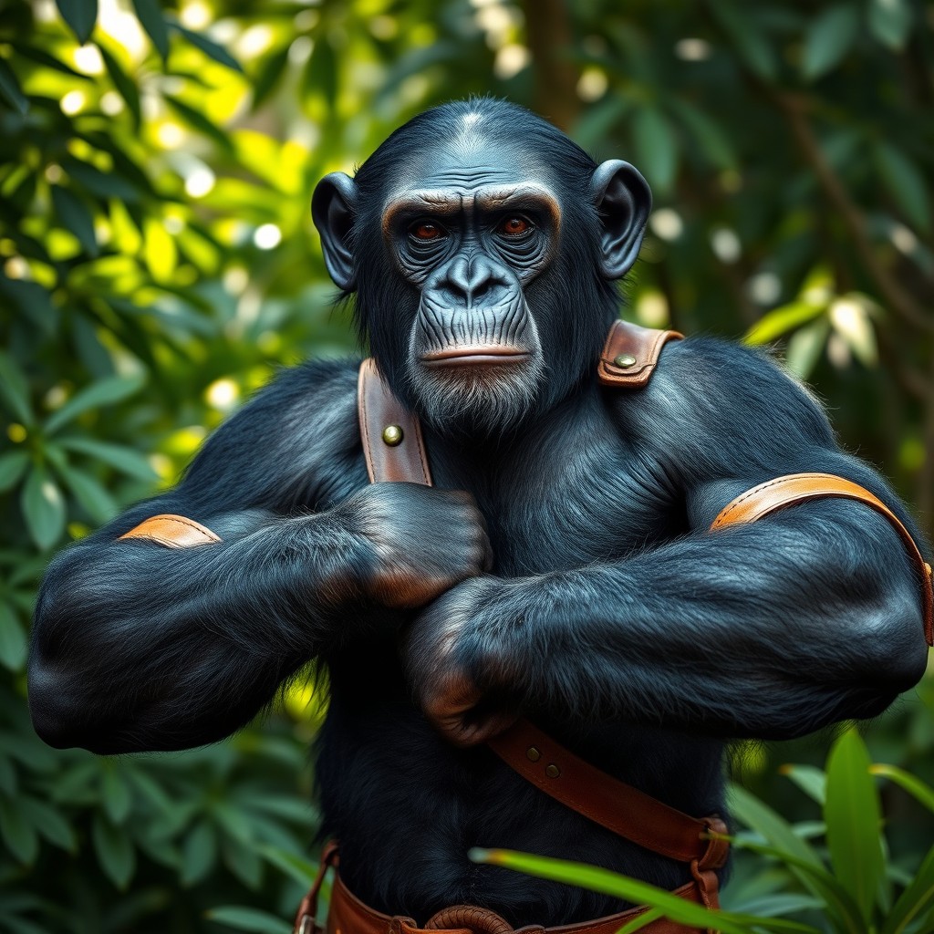 A late 20s male muscular chimpanzee with coarse black fur, exuding strength and power