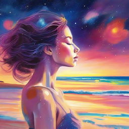 Produce an imaginative drawing of a side-profile woman with the radiant hues of a sunset reflected in her skin. Set the scene on a beach, with colliding galaxies spectacularly filling the sky.