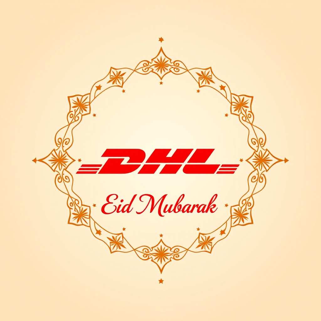 A creative and festive design combining the DHL logo with a celebratory theme for Eid Mubarak