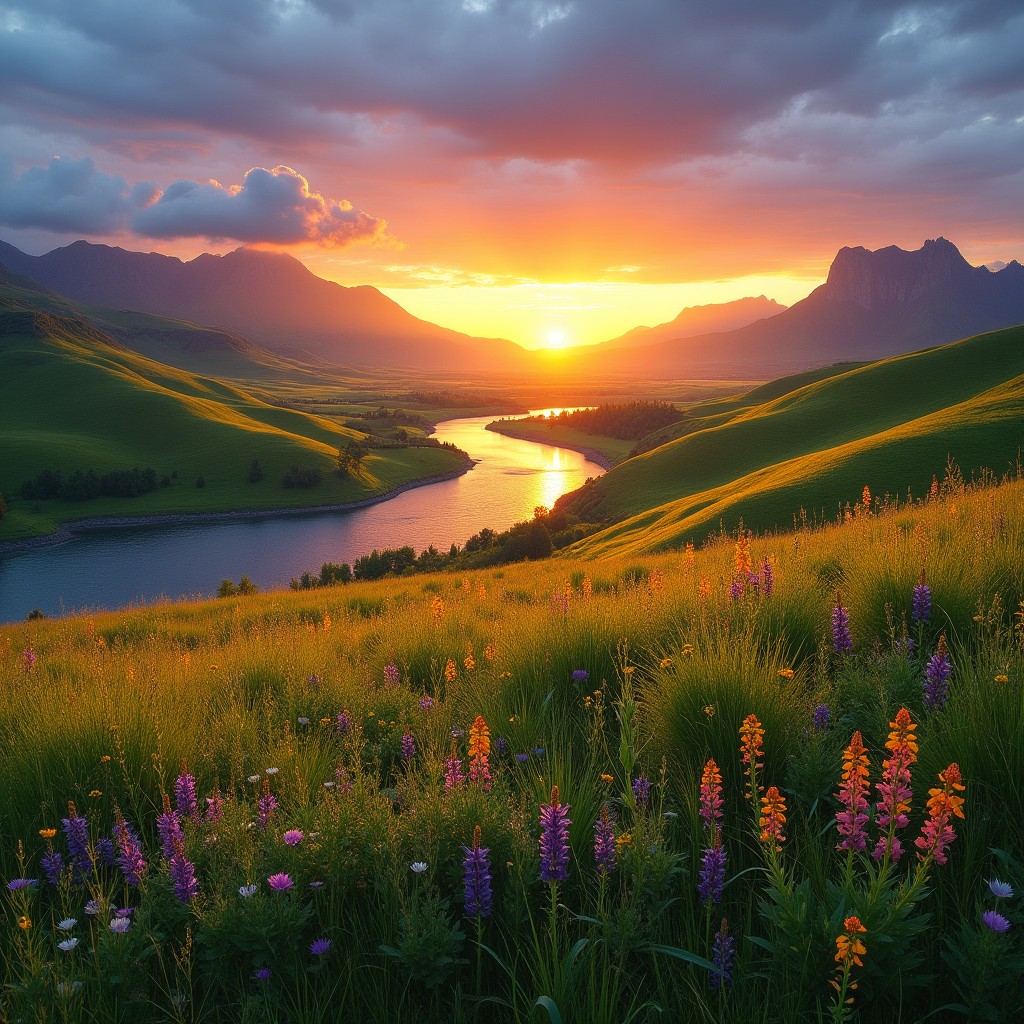 A picturesque landscape during sunset, featuring rolling hills covered with vibrant green grass and wildflowers in various shades of purple, yellow, and orange