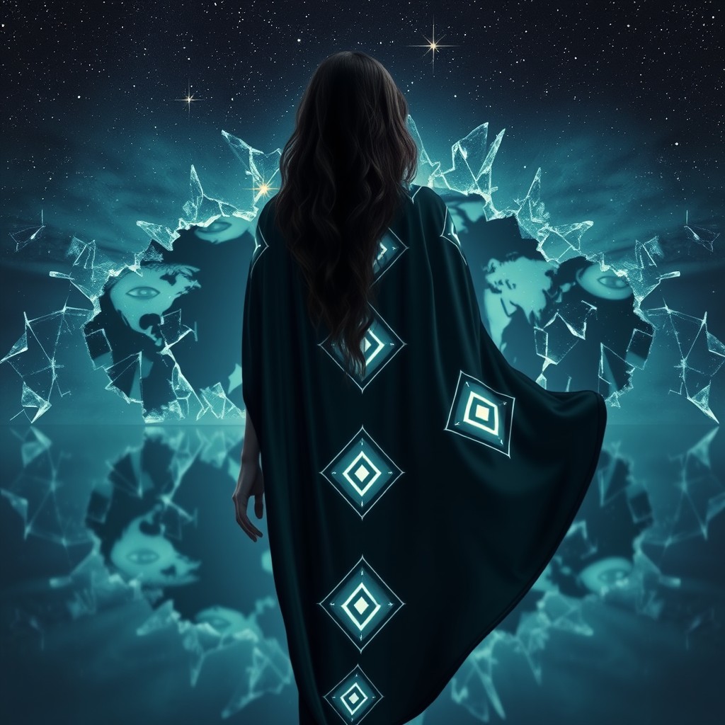 A woman seen from behind with long wavy dark hair touching her waist, wearing a flowing cape adorned with luminous geometric patterns