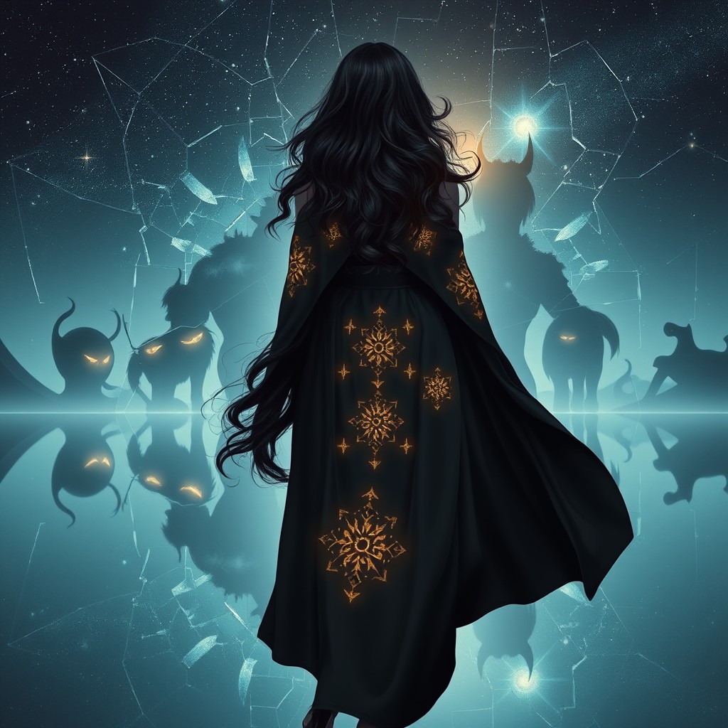 A stunning female figure seen from the back, featuring dark, wavy hair cascading down to her waist