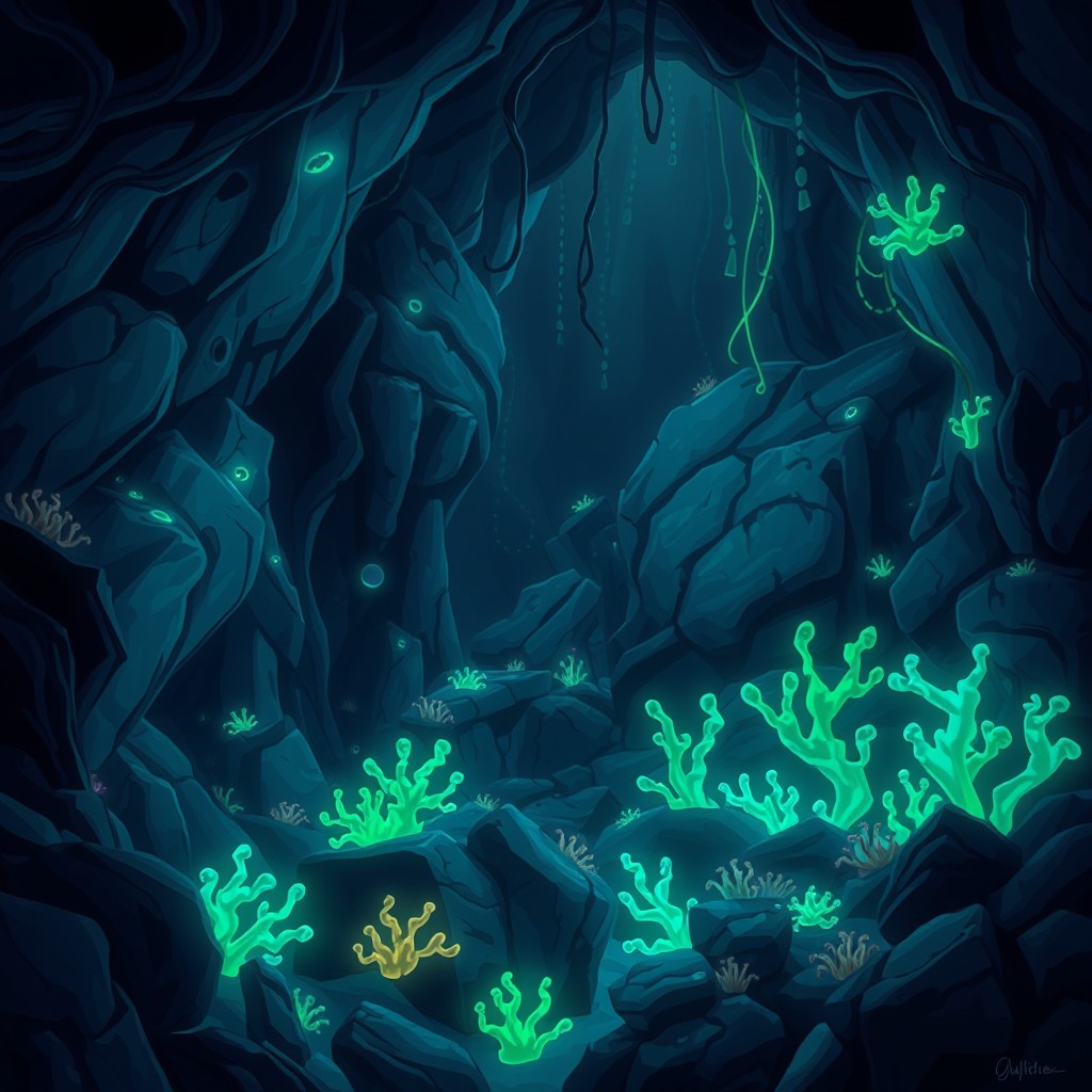 A 2D cartoon-style underwater scene featuring a mysterious environment filled with cold, tangled rocks and shimmering seaweed, in an almost complete darkness setting