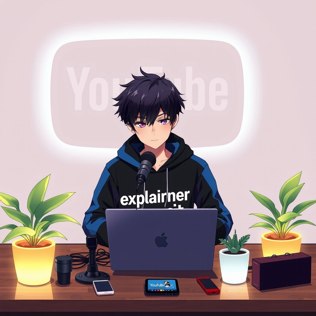 An 18-year-old anime boy sitting at a computer desk, wearing a stylish black and blue hoodie with the Channel Name 'explainer sumit' prominently displayed