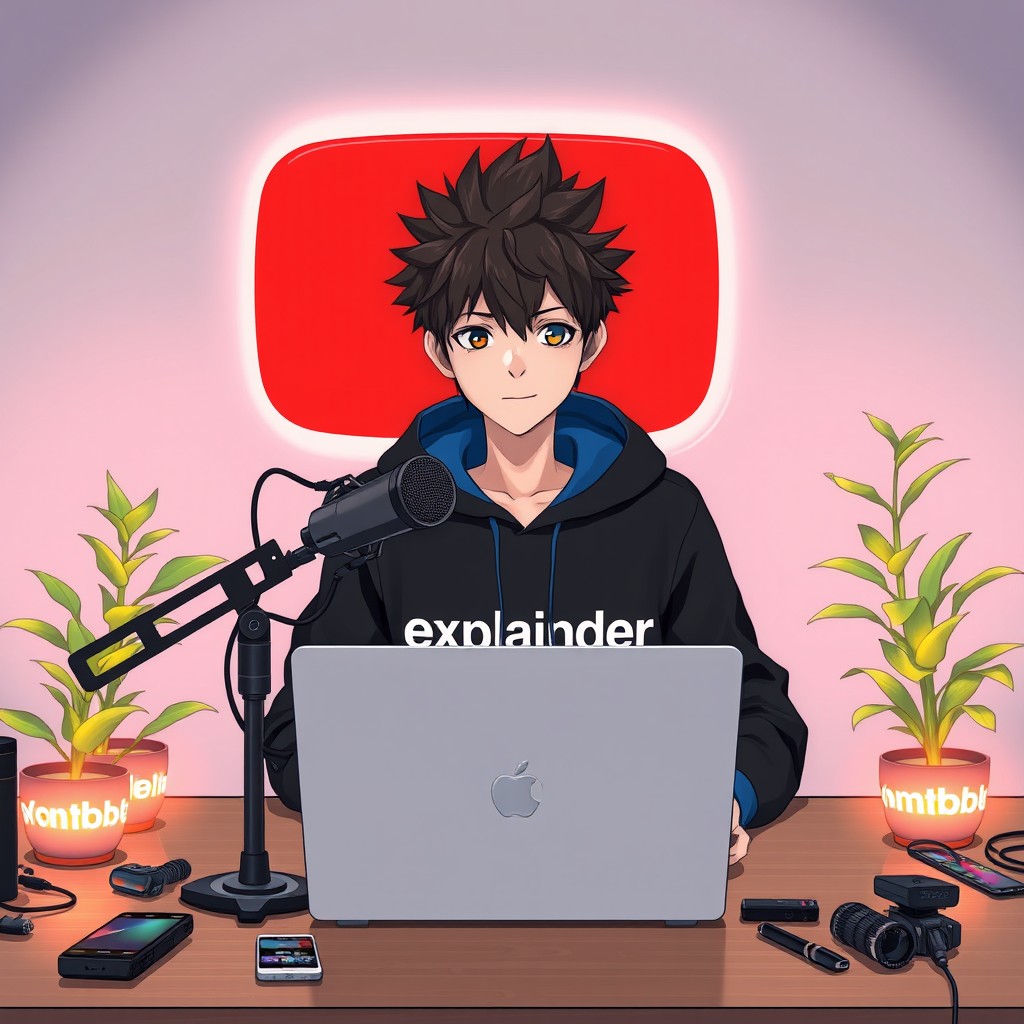 A young anime boy, 18 years old, with spiky hair, sitting confidently at a computer desk