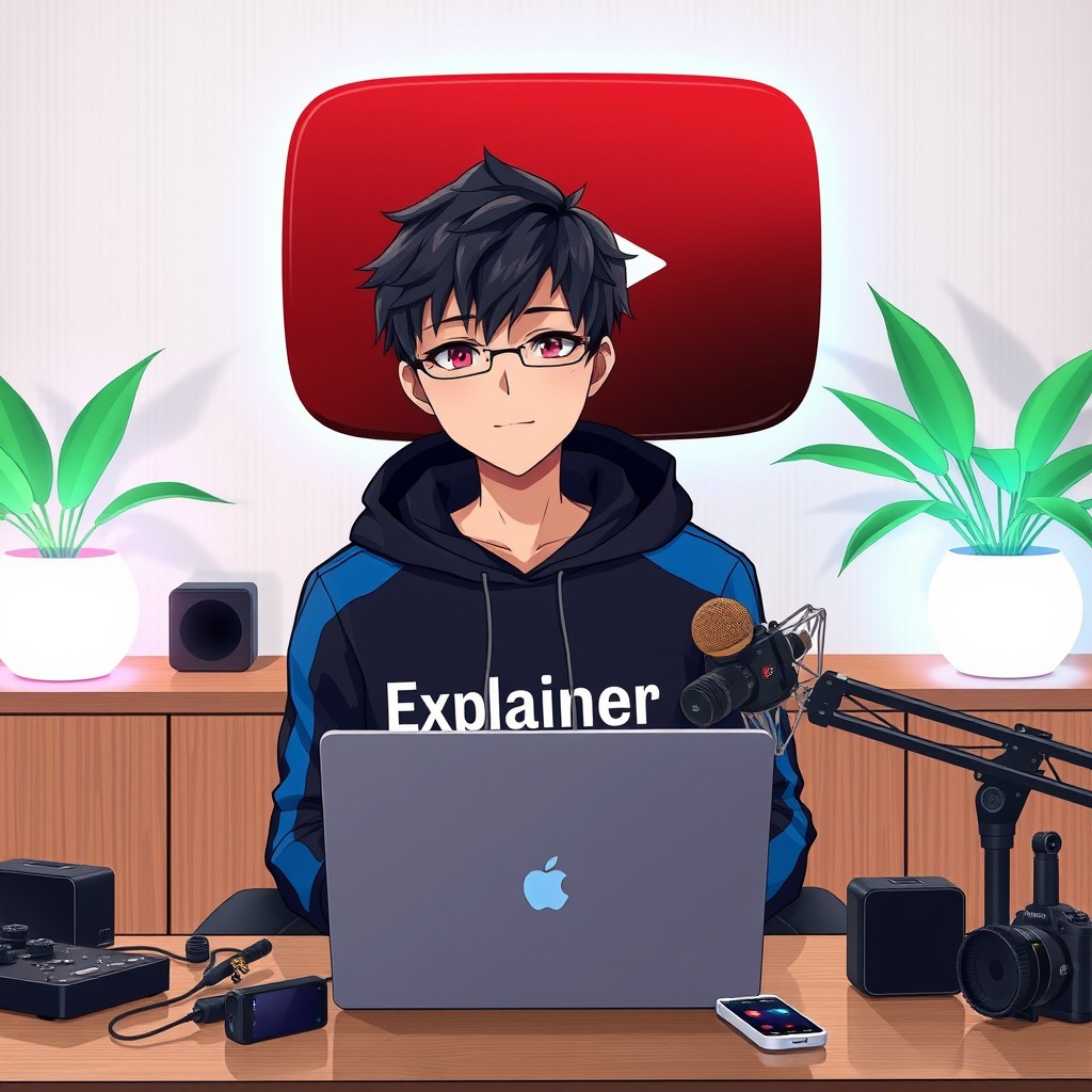 An 18-year-old anime boy sitting in front of a computer desk, wearing a stylish black and blue hoodie featuring the Channel Name 'Explainer Sumit'