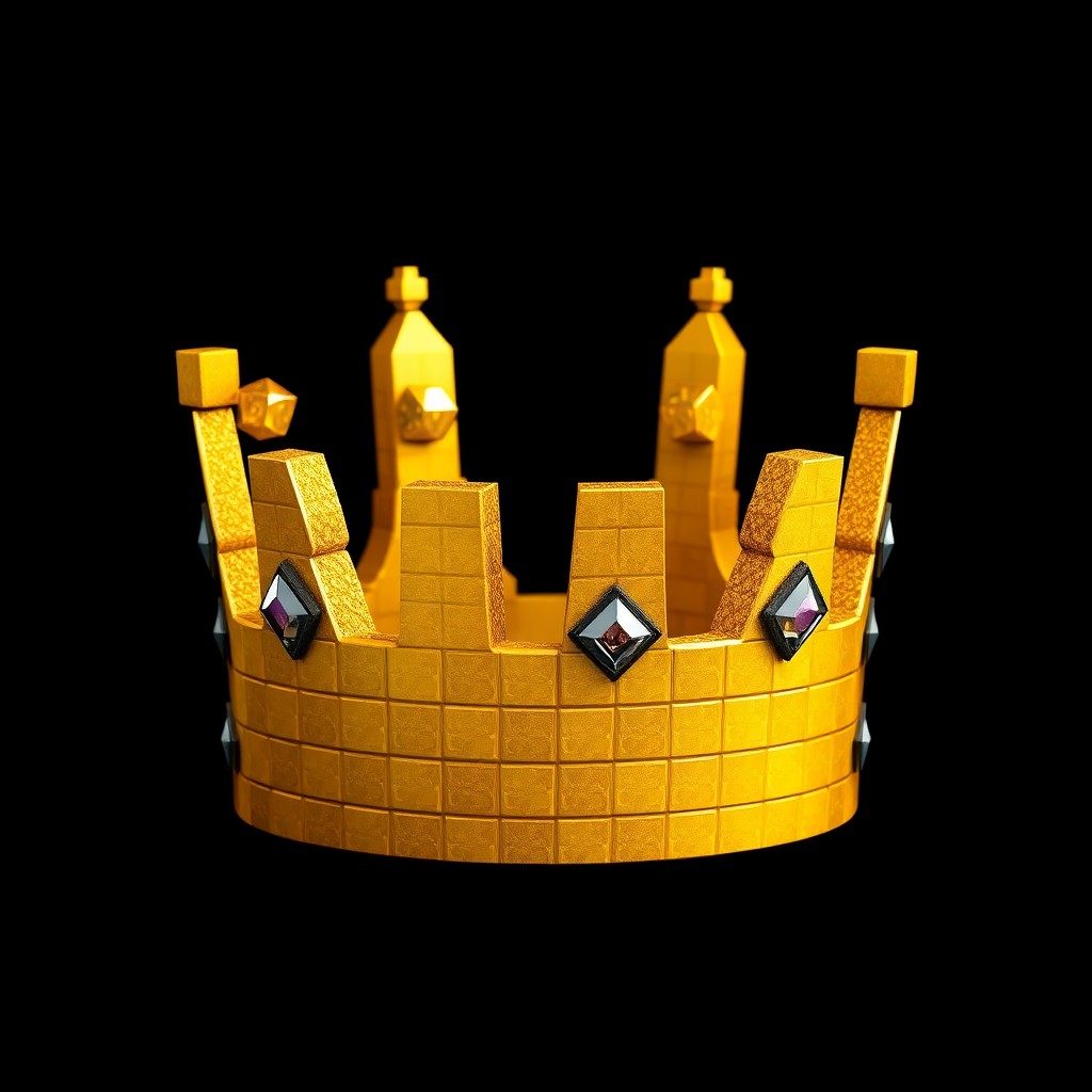 A golden crown designed in the distinctive blocky style of Minecraft, featuring pixelated textures and a bright, shiny finish to highlight the gold color