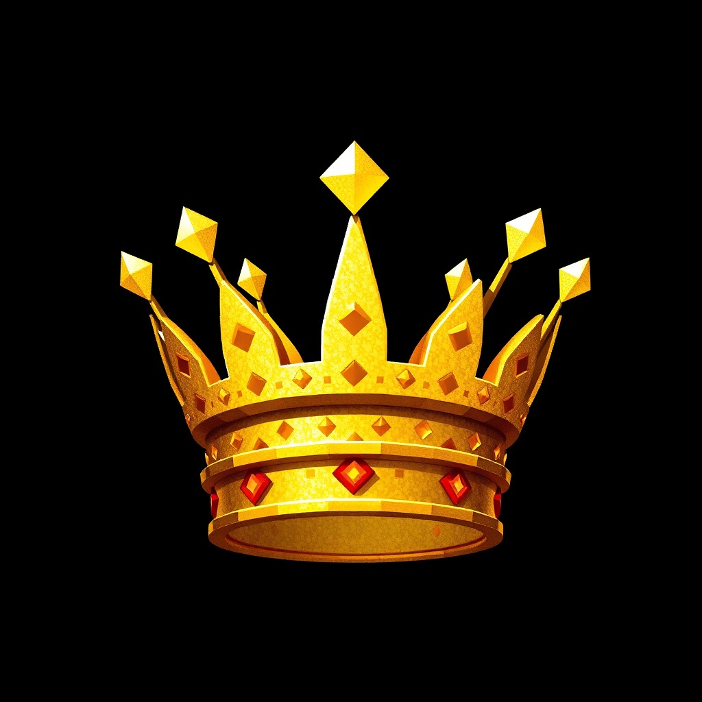 A detailed golden crown designed in the Minecraft style, featuring pixelated textures and blocky shapes, set against a solid black background