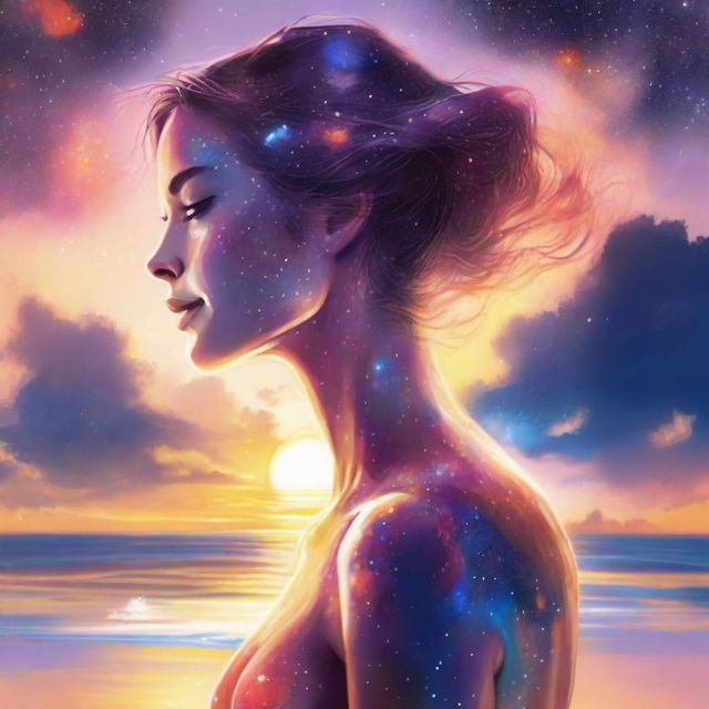 Produce an imaginative drawing of a side-profile woman with the radiant hues of a sunset reflected in her skin. Set the scene on a beach, with colliding galaxies spectacularly filling the sky.