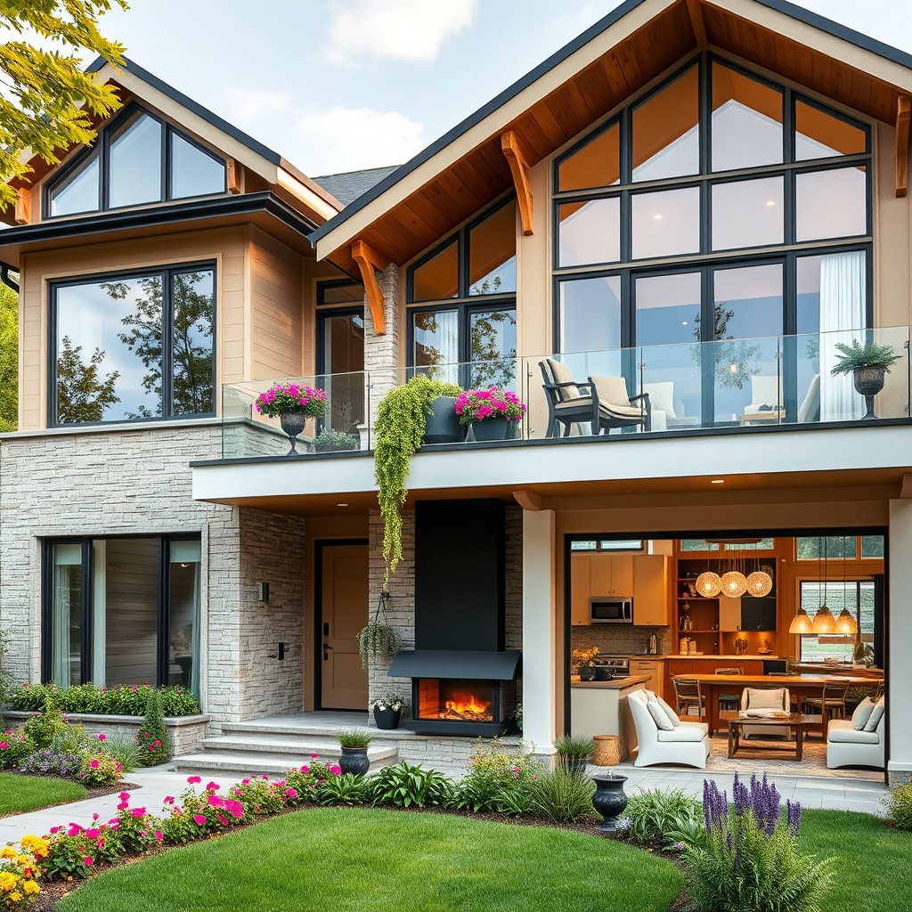 A beautifully designed spacious family home, showcasing modern architecture with large windows and an inviting porch