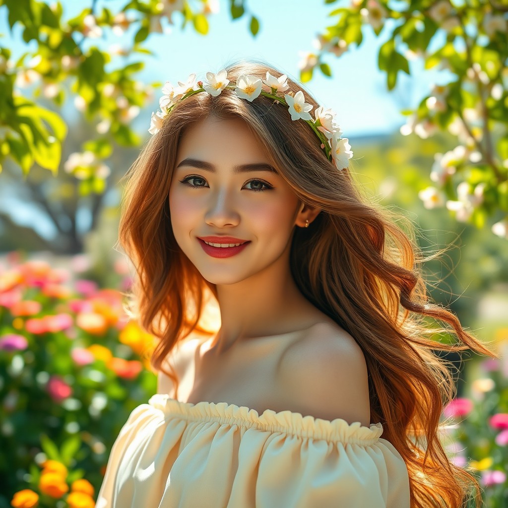 A captivating portrait of a charming young woman with long, flowing chestnut hair, styled in soft waves, adorned with a crown of delicate flowers