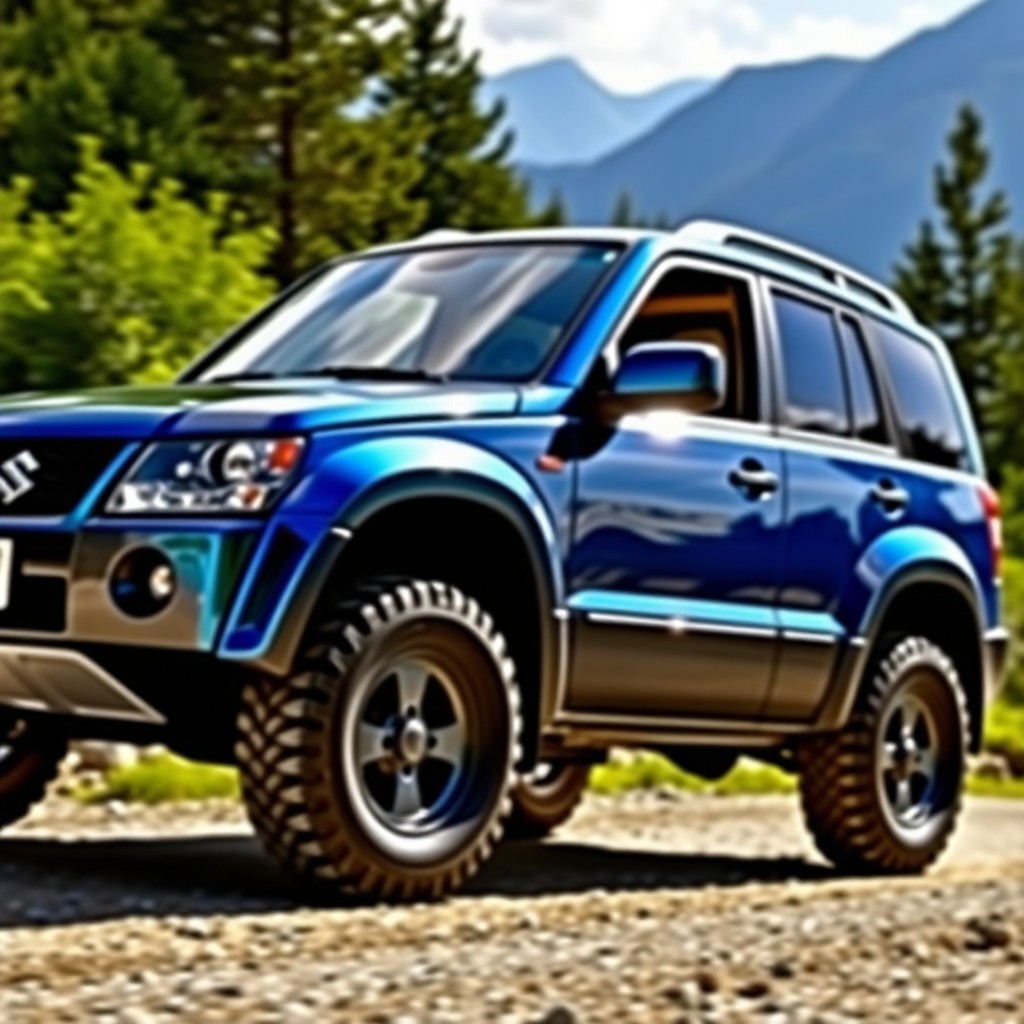 A stunning 2009 Suzuki Grand Vitara SZ in a vibrant blue color, featuring all-terrain (A/T) tires that emphasize its rugged off-road capability