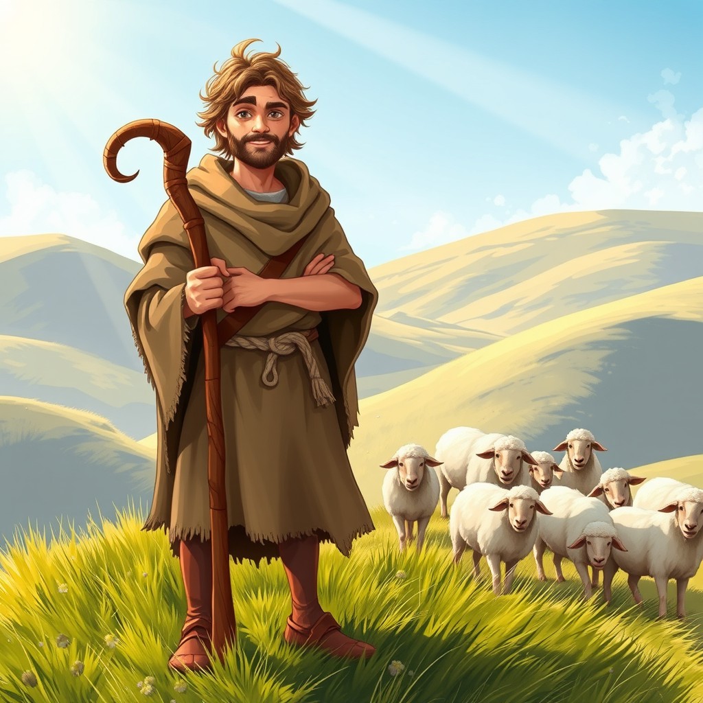 A humble shepherd hero standing on a grassy hillside, wearing a simple but worn cloak and holding a rustic wooden staff