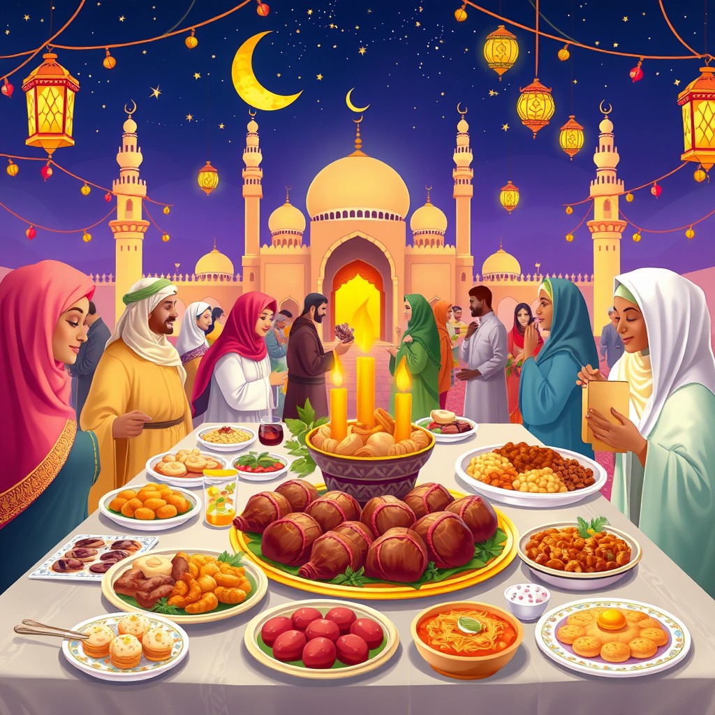 A vibrant and festive illustration celebrating Eid al-Adha, featuring a beautifully decorated table with traditional dishes like lamb kebabs, biryani, and sweets such as baklava and maamoul