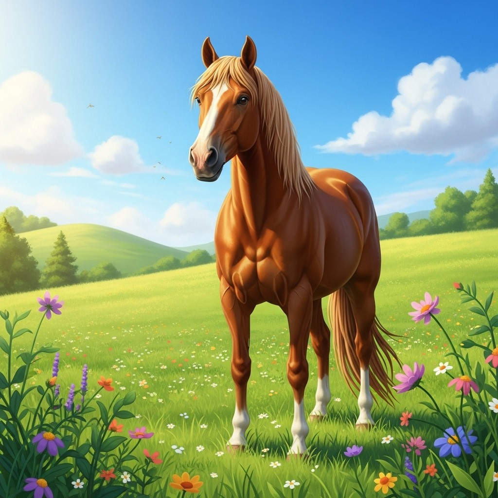 A majestic horse standing in a lush green meadow, with a bright blue sky above and a few fluffy white clouds