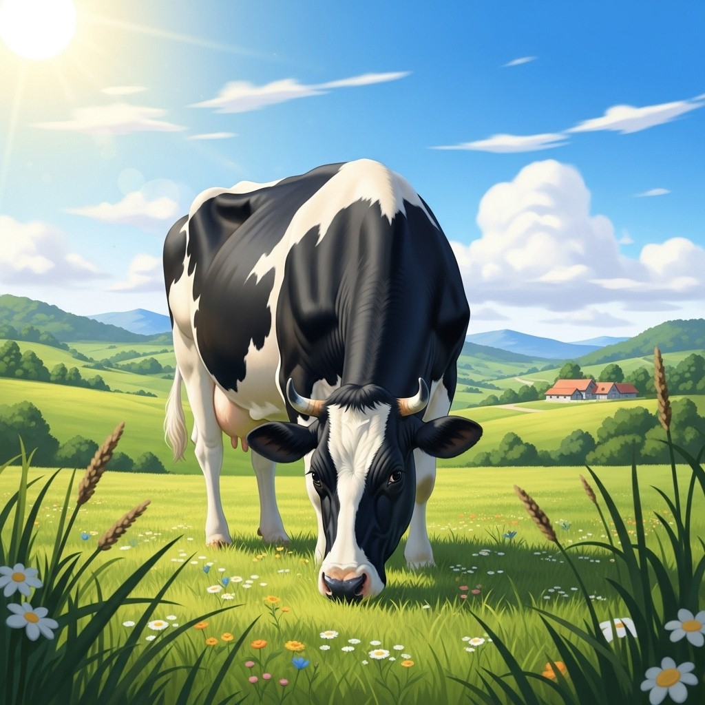 A serene black and white dairy cow standing in a picturesque green pasture, with a bright sunny sky and a few fluffy clouds in the background