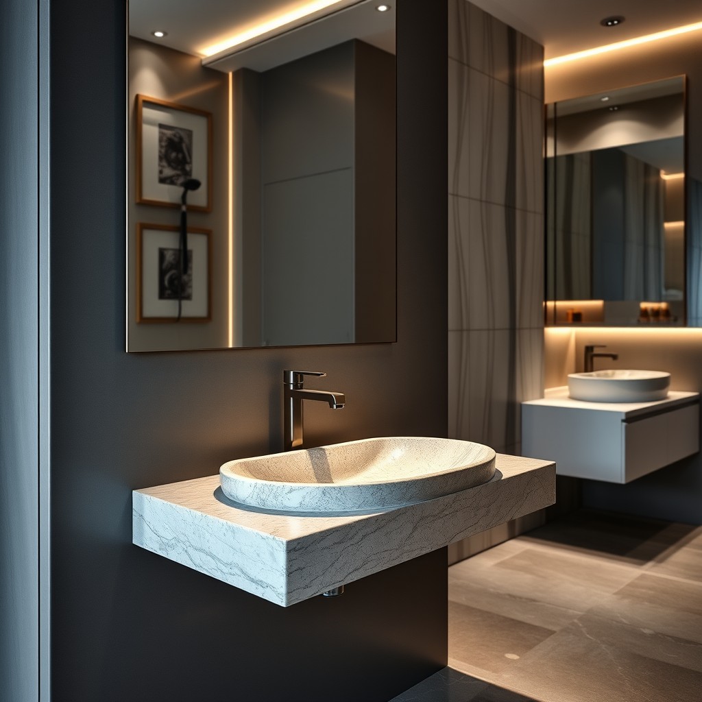 A stylish and elegant bathroom showcasing a beautifully designed stone and ceramic washbasin