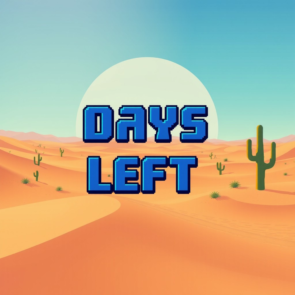 A digital artwork featuring a vast desert landscape with pixel art style, complete with sand dunes, cacti, and a clear blue sky