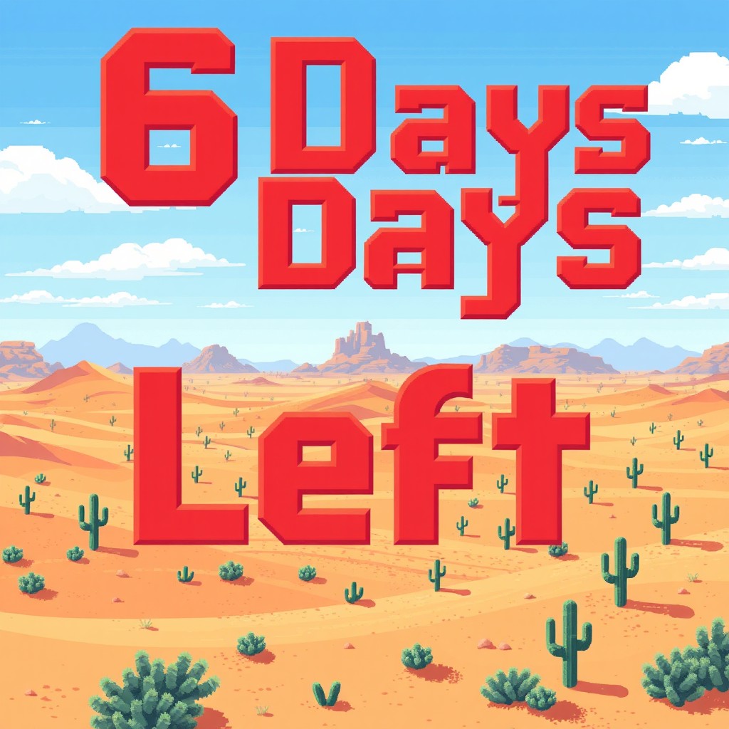 A vibrant pixel art illustration depicting an expansive desert landscape filled with stylized sand dunes, scattered cacti, and a bright blue sky