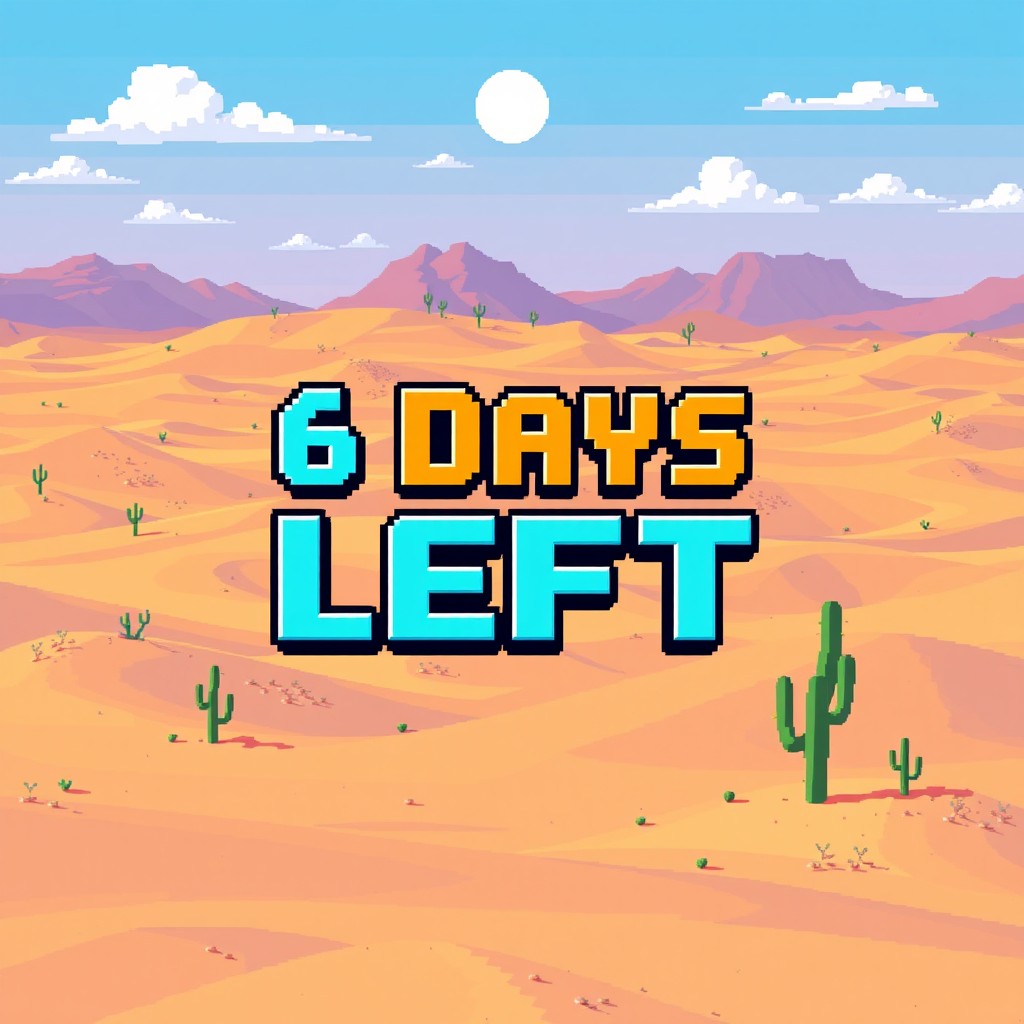 A pixel art scene showcasing a vast desert landscape filled with rolling sand dunes, a few sparse cacti, and a bright, cloudless sky above