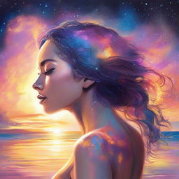 Produce an imaginative drawing of a side-profile woman with the radiant hues of a sunset reflected in her skin. Set the scene on a beach, with colliding galaxies spectacularly filling the sky.