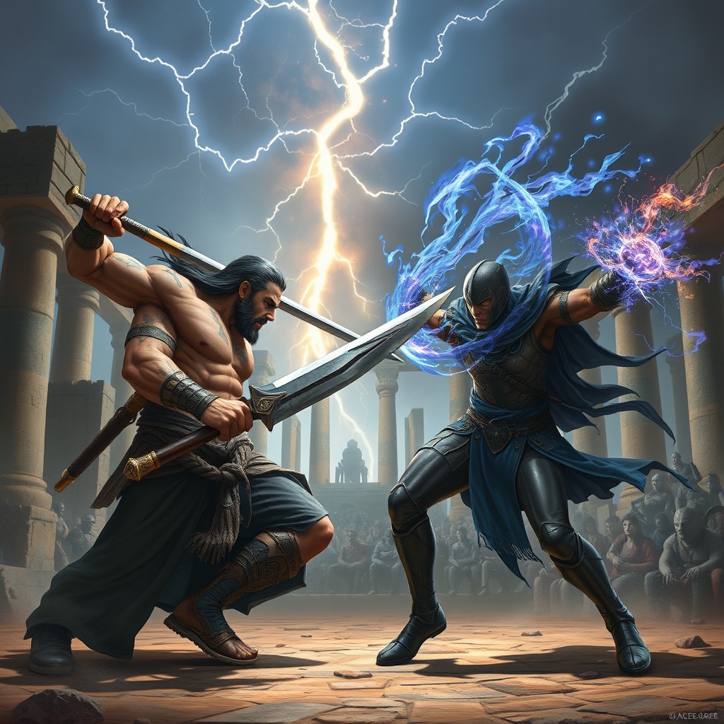 An intense battle scene between two formidable opponents, Bou Tareih and Zaiden, set in a mystical arena filled with ancient ruins