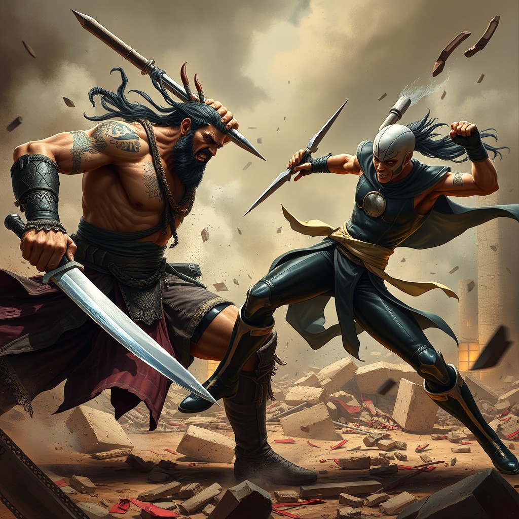 An intense and dramatic scene depicting a fierce battle between two skilled fighters, Bou Tareih and Zaiden