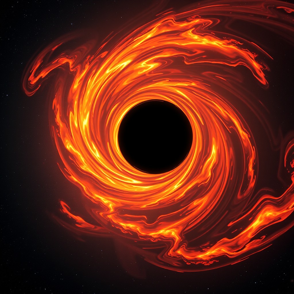 A stunning visual representation of a black hole, showcasing its swirling accretion disk filled with vibrant colors of orange, red, and yellow, contrasted against the deep black center