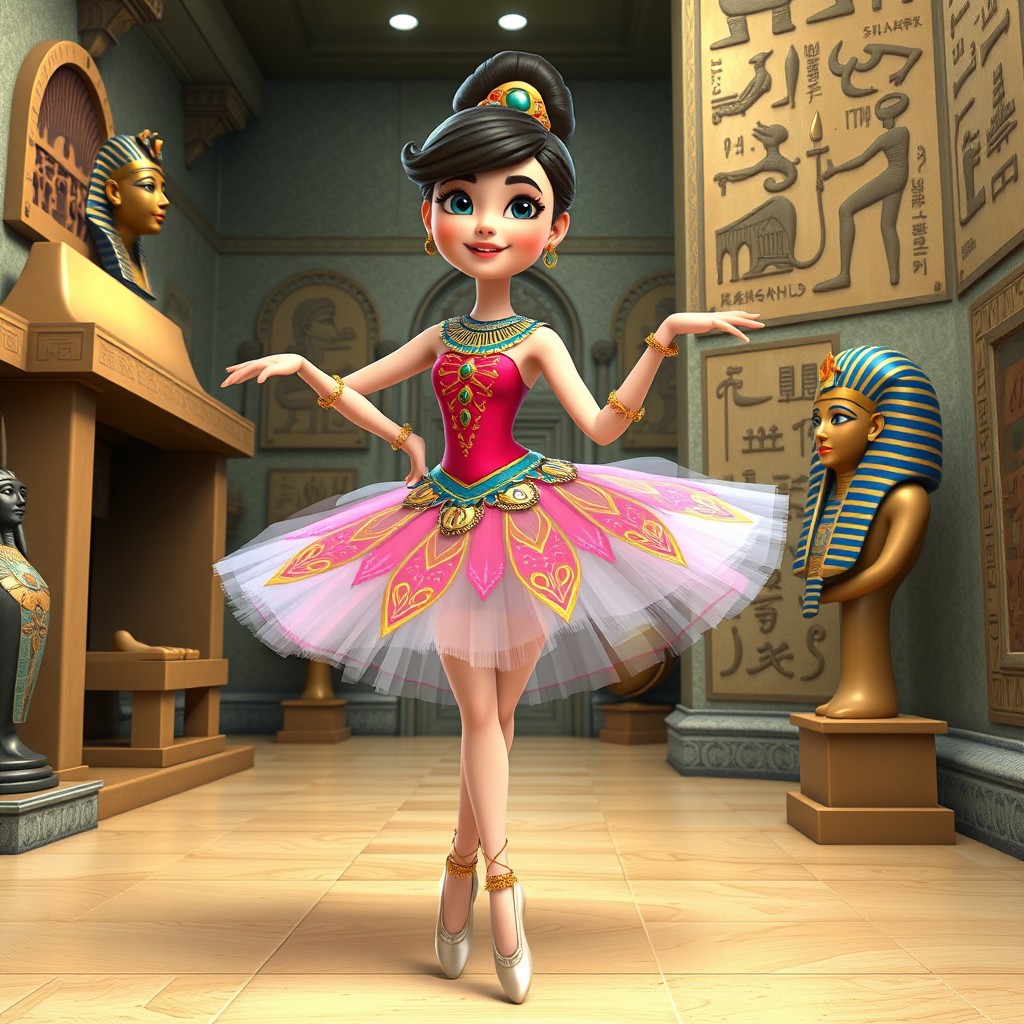 A 3D cartoon depiction of a sweetheart ballerina elegantly posed in a vibrant tutú adorned with intricate Egyptian decorations
