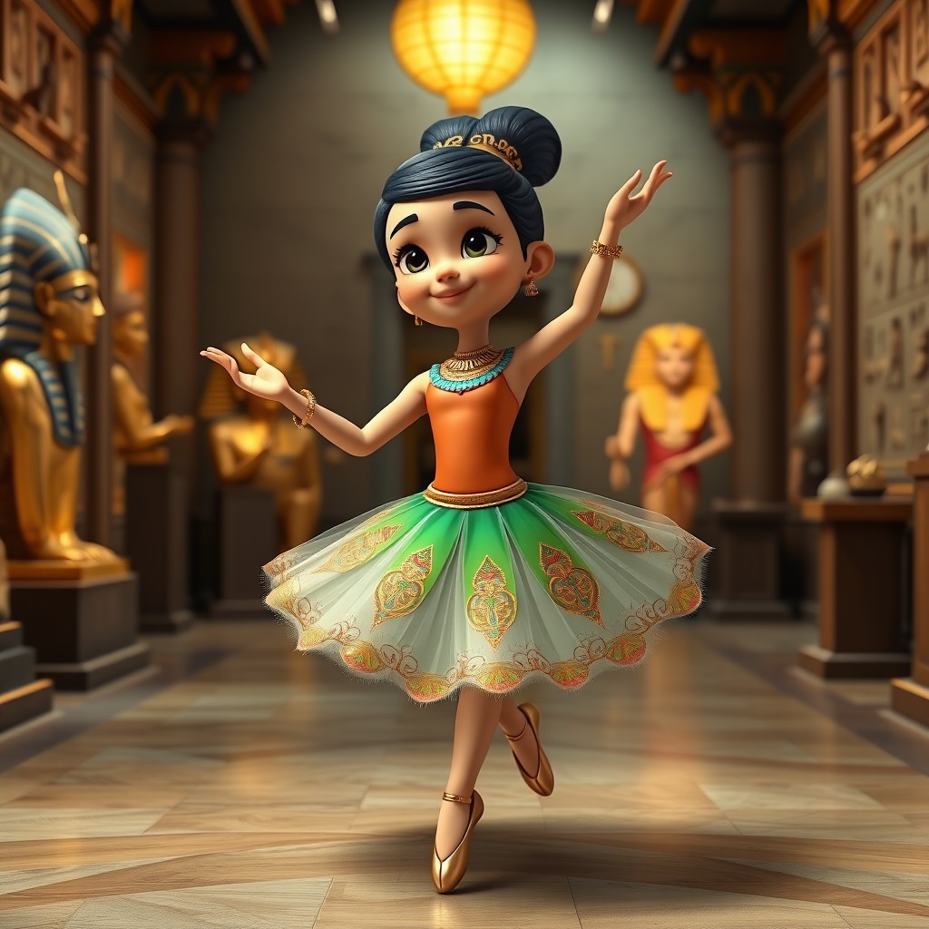 A 3D cartoon sweetheart ballerina gracefully dancing in a beautifully detailed environment of a museum