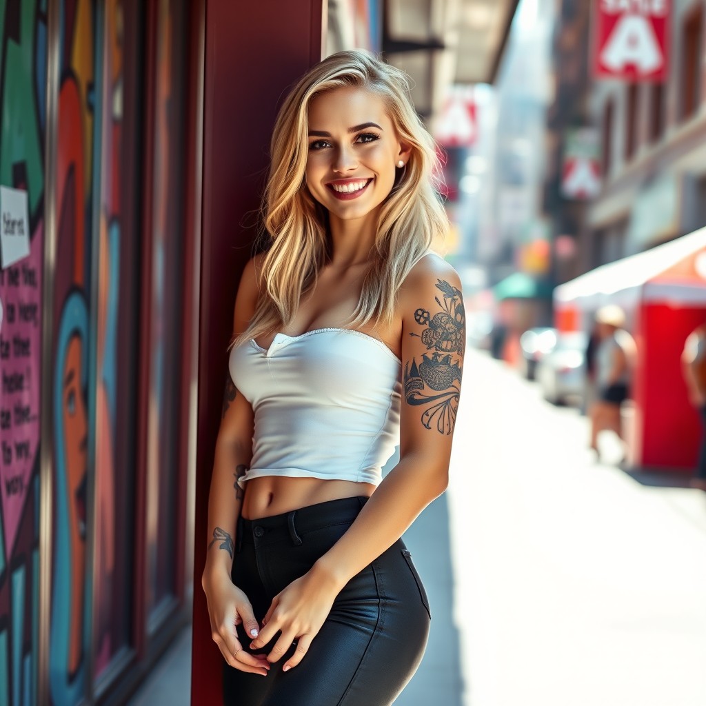 A beautiful 22-year-old blonde woman, slim and tattooed, wearing stylish leggings