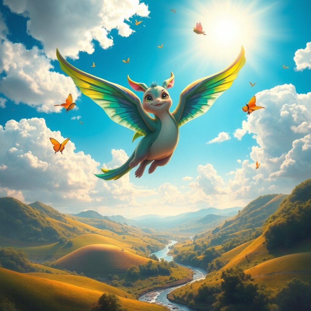 An artistic representation of Sani, a vibrant and majestic creature, soaring through a bright blue sky filled with fluffy white clouds