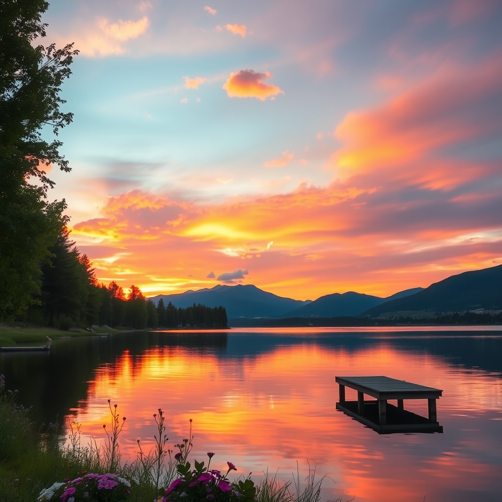 A serene landscape showcasing a vibrant sunset over a calm lake, with reflections of orange and pink hues in the water
