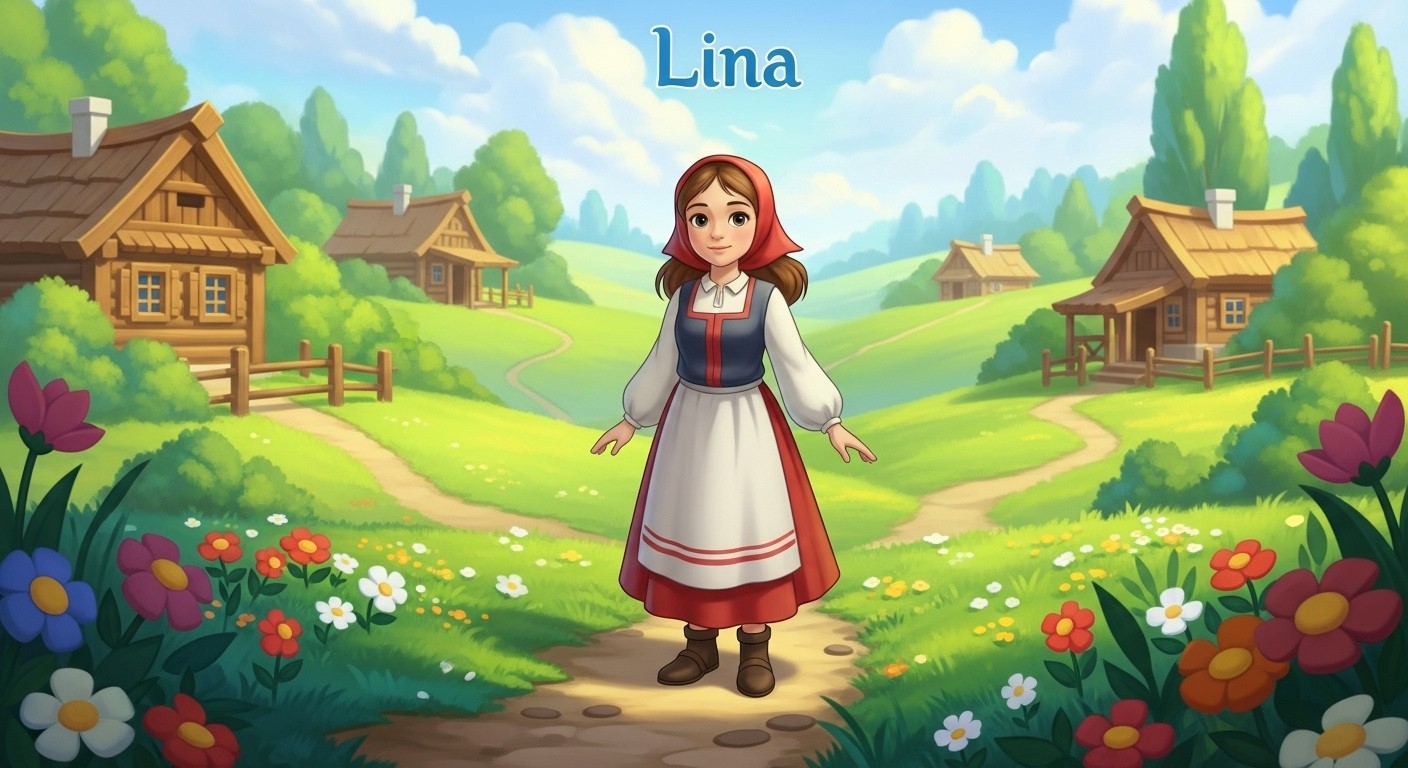 A humble village girl named Lina, dressed in simple, traditional clothing, standing in a picturesque small village filled with vibrant green landscapes
