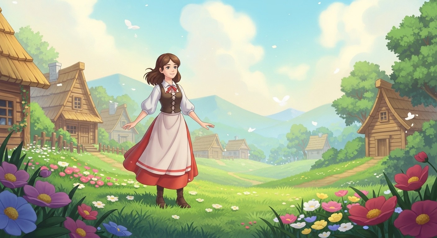 A humble village girl named Lina, wearing simple, peasant-style clothes, standing gracefully in a lush, green village