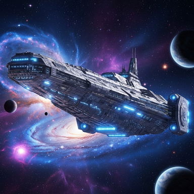 A giant spaceship soaring majestically through a vibrant, star-studded galaxy