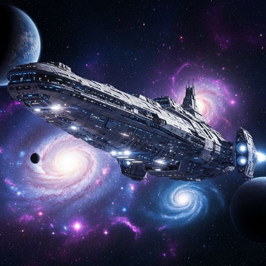 A giant spaceship soaring majestically through a vibrant, star-studded galaxy