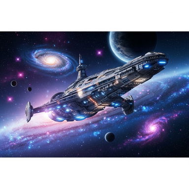 A giant spaceship soaring majestically through a vibrant, star-studded galaxy