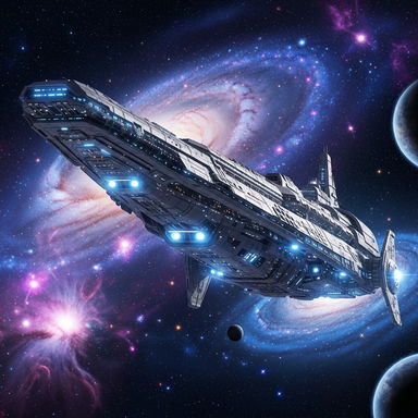 A giant spaceship soaring majestically through a vibrant, star-studded galaxy