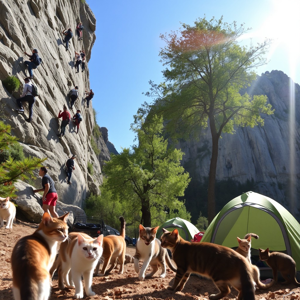 A scenic view of climbers tackling various climbing routes in the picturesque region of Crimea, specifically in Bakhchisarai