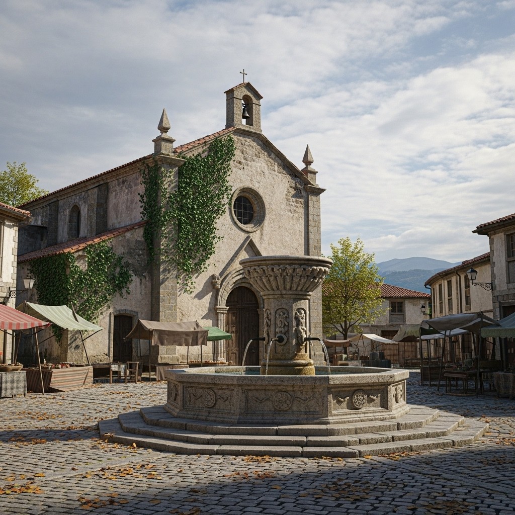 An old market square featuring a rustic, abandoned chapel with crumbling walls and ivy creeping up its sides, set against a backdrop of a cloudy sky