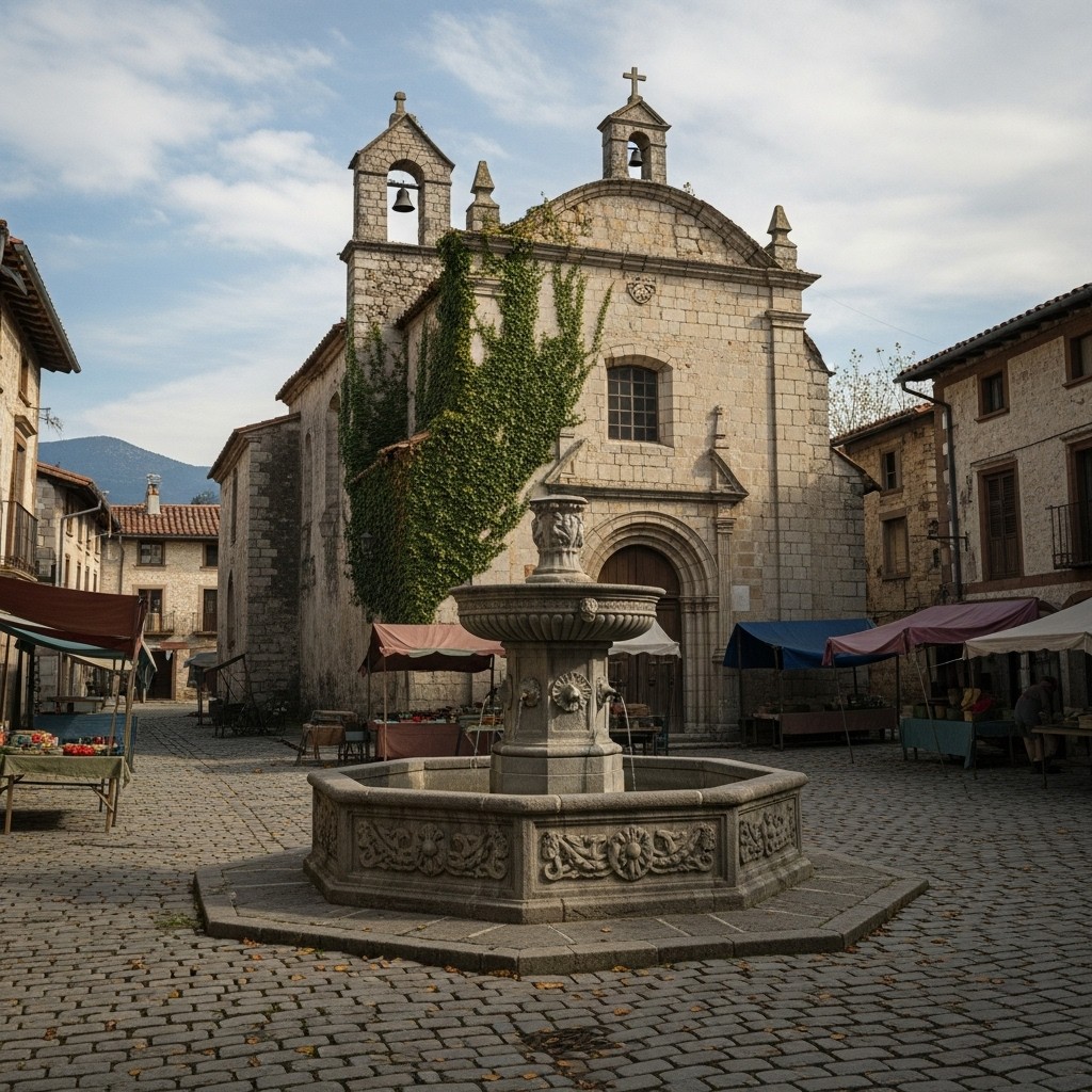 An old market square featuring a rustic, abandoned chapel with crumbling walls and ivy creeping up its sides, set against a backdrop of a cloudy sky