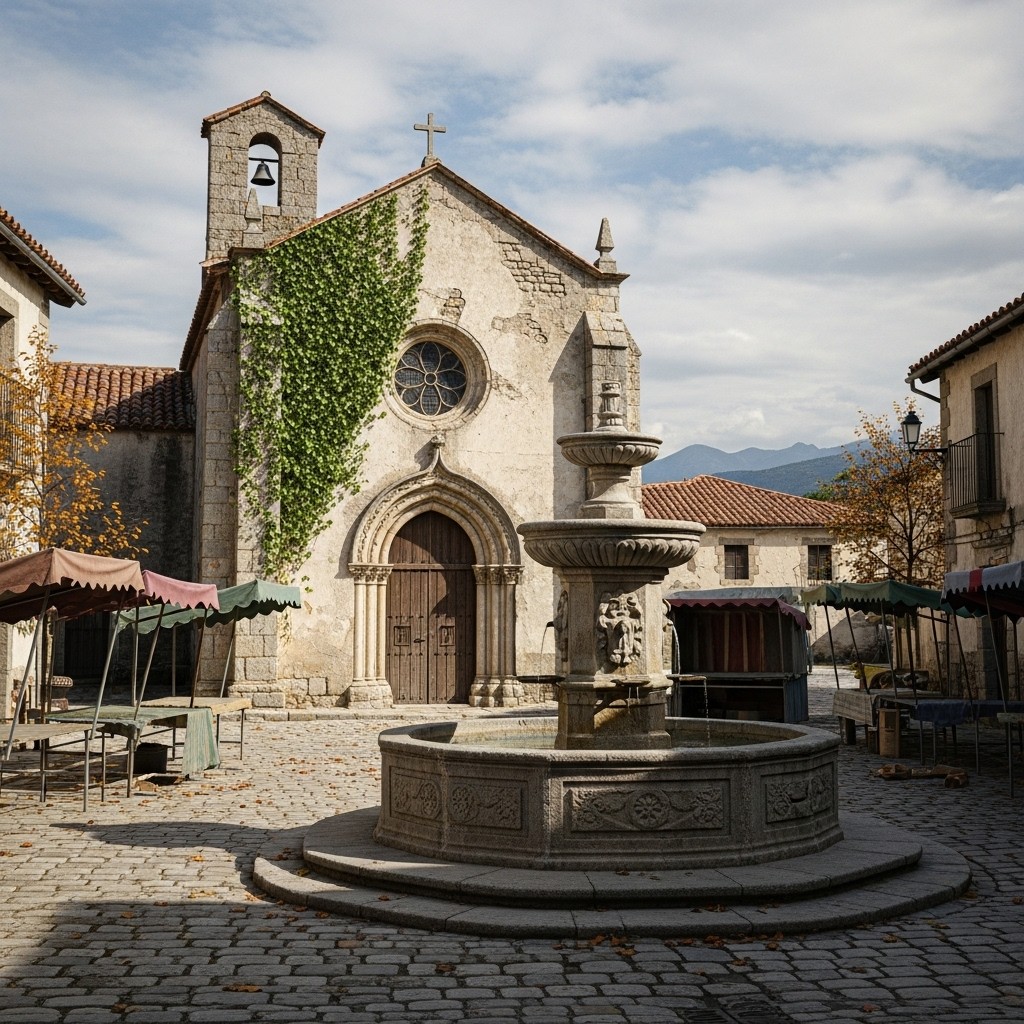 An old market square featuring a rustic, abandoned chapel with crumbling walls and ivy creeping up its sides, set against a backdrop of a cloudy sky