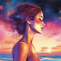 Produce an imaginative drawing of a side-profile woman with the radiant hues of a sunset reflected in her skin. Set the scene on a beach, with colliding galaxies spectacularly filling the sky.