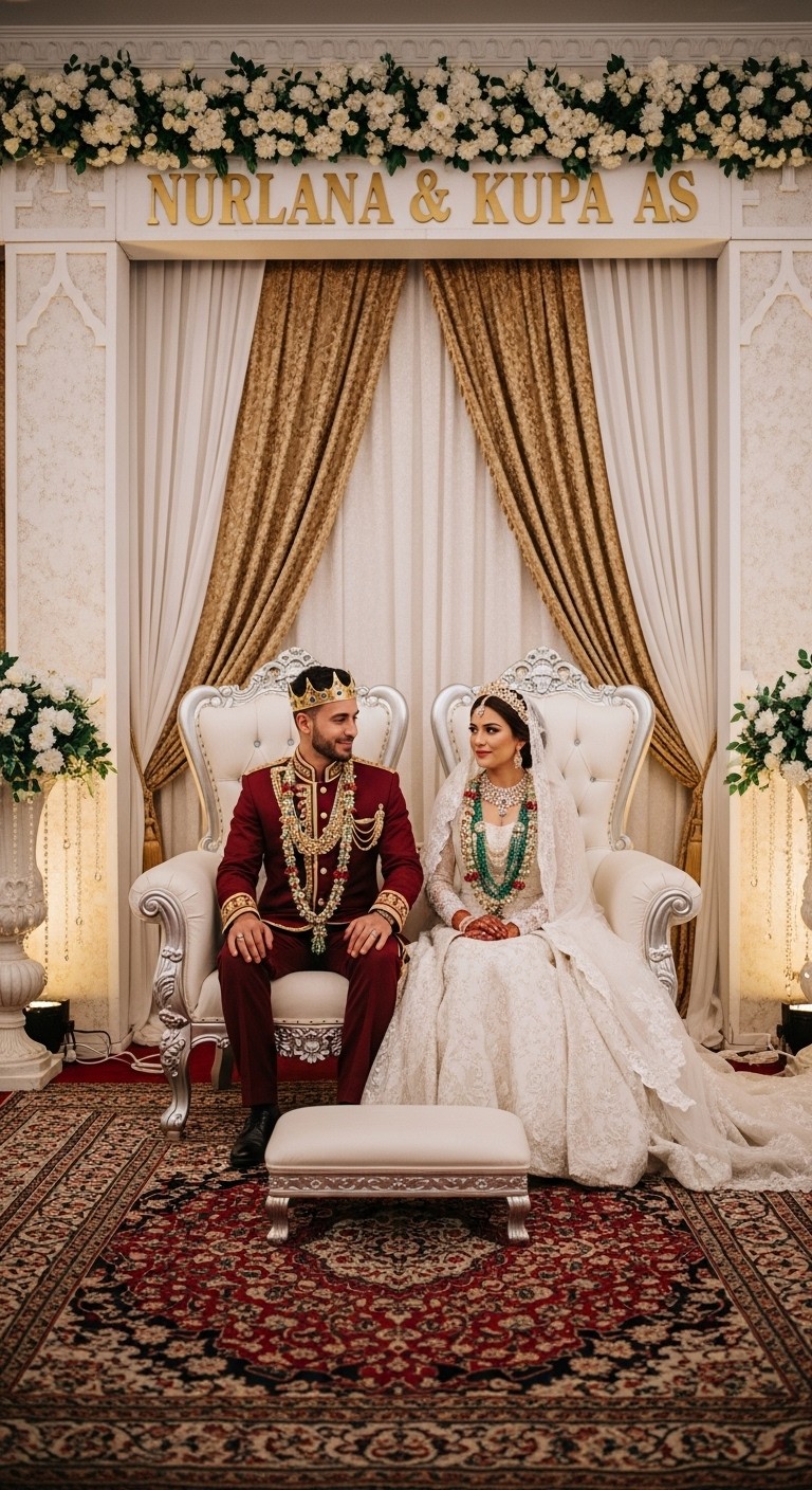 In a beautifully decorated room, an elegant king and queen are getting married seated on a luxurious royal throne