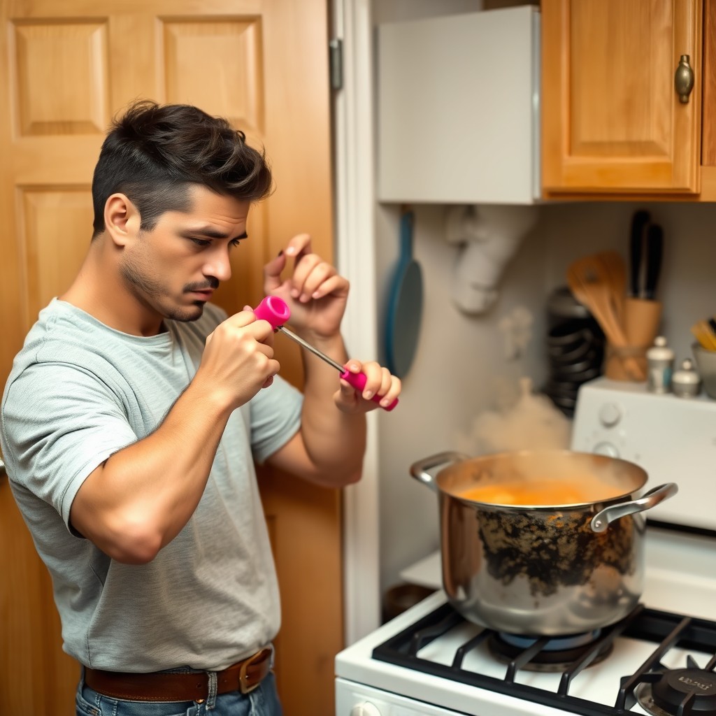 A man in casual clothing, with a focused expression, using a bright pink screwdriver to repair a wooden door