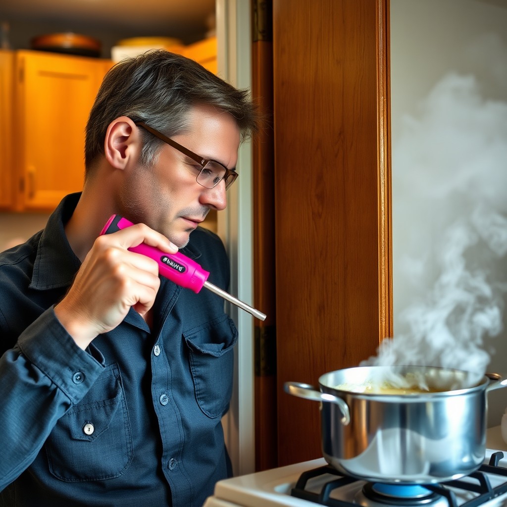 A man in casual clothing is focused on repairing a wooden door with a bright pink screwdriver